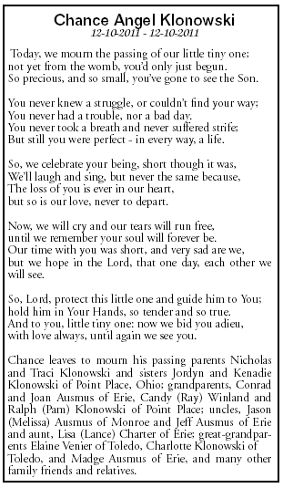 Obituary of my nephew, Chance Obituary of my nephew, Chance